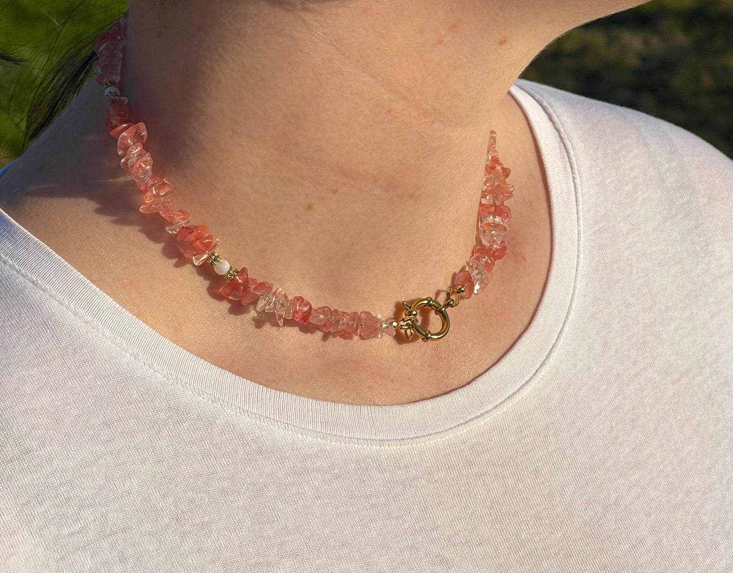 Collier Quartz strawberry en pierre naturelle – Modèle Cœur de fraise