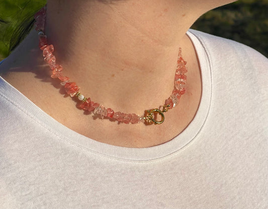Collier Quartz strawberry en pierre naturelle – Modèle Cœur de fraise